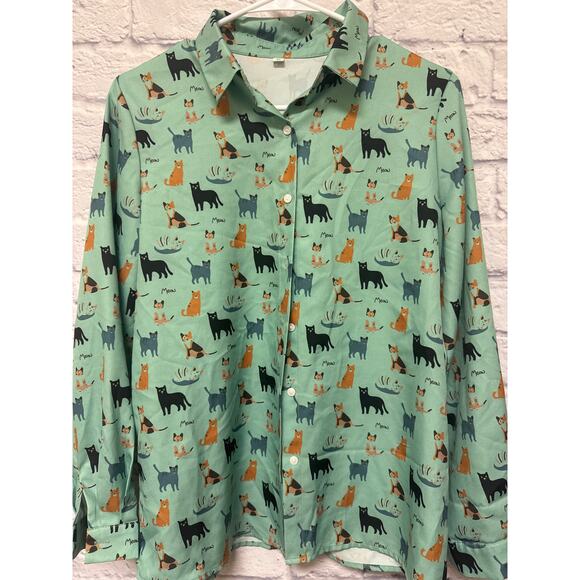 Mint Green Women's Cat Meow Long Sleeve Button Up Blouse Top SZ Small Unbranded - Picture 1 of 3